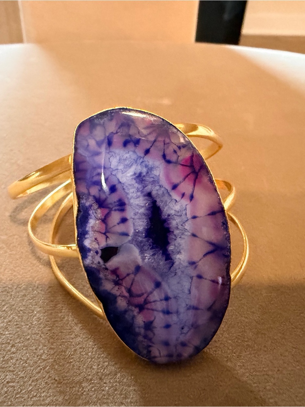 Gold Cuff Bracelet with Purple Agate Stone